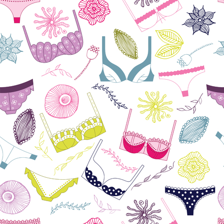 Underwear background design. Fashion feminine vector illustration. Cartoon sketch element: bra, panties, flowers, leaves.のイラスト素材