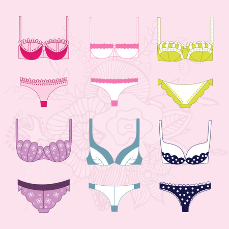 Hand drawn lingerie illustrations. Vector set. Template for design fashion or shop card or banner.のイラスト素材