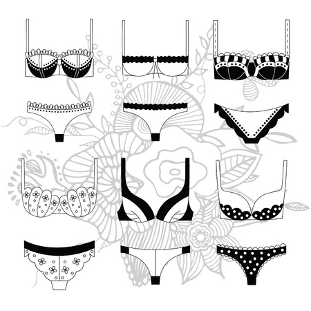 Creative design of a colorful hand drawn lingerie illustrations. Template for design fashion or shop card or banner.のイラスト素材