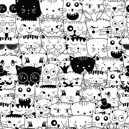 Seamless pattern with doodle cats. Cats head animal pattern. Can be used for textile, website background, book cover, packaging.のイラスト素材