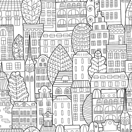 Hand drawn doodle houses. Seamless background in black and white.のイラスト素材