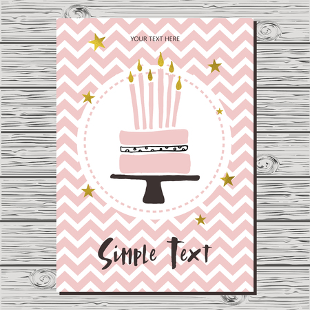 Happy birthday card with cake and candles, stars and seamless chevron pattern. Vector illustration.のイラスト素材