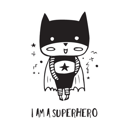 Cartoon superhero in black costume. Cute animal. Can be used for invitation cards and drawing poster, T-shirt Print and cartoon character.のイラスト素材