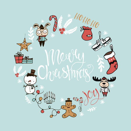 Christmas greeting card with calligraphy,deer and snowman.Winter holiday design.のイラスト素材