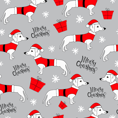 Christmas seamless pattern with funny dog. Doodle style.のイラスト素材