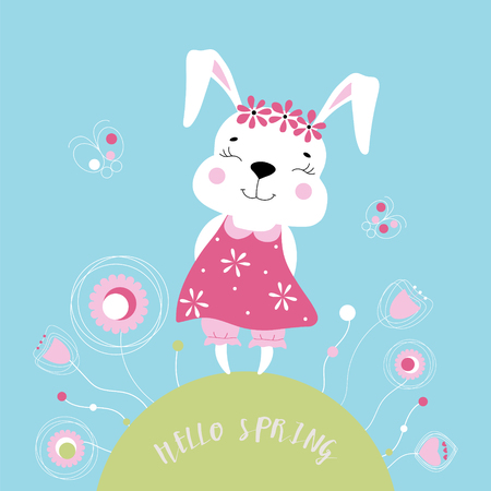 Easter theme with cute bunny and butterfliesのイラスト素材