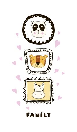 Funny card with cute animals faces and lettering Family.のイラスト素材