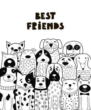 Black and white card with doodle dogs funny animals vector illustration. Can be used for child books, cards, mug, t-shirt print.のイラスト素材