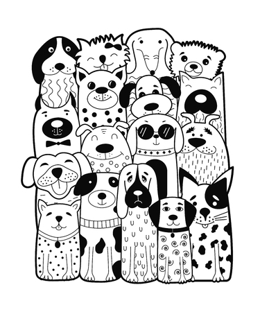 Cute dogs, doodle style funny animals vector illustration. Can be used for child books, cards, mug, t-shirt print.のイラスト素材