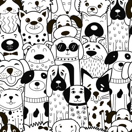 Black and white doodle dogs seamless pattern vector illustration. Can be used for textile, website background, book cover, packaging.のイラスト素材