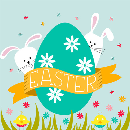 Easter greeting card with eggs, flowers, bunnies and lettering Easter Vector illustration.のイラスト素材
