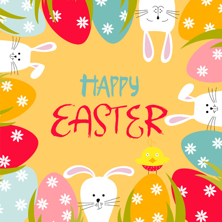 Easter greeting card with eggs, chickens, bunnies and lettering Happy Easter. Vector illustration.のイラスト素材