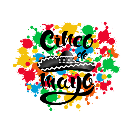 Happy Cinco de Mayo poster with sombrero, colorful blots and lettering Cinco de Mayo! Creative vector illustration on black background.のイラスト素材