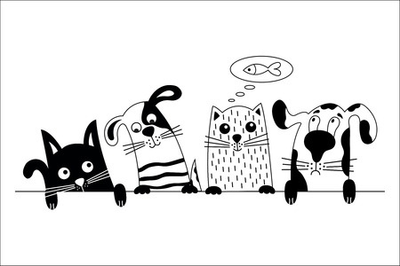 Funny dog and cute cat best friends. Black and white doodle animals.  Vector illustration.のイラスト素材