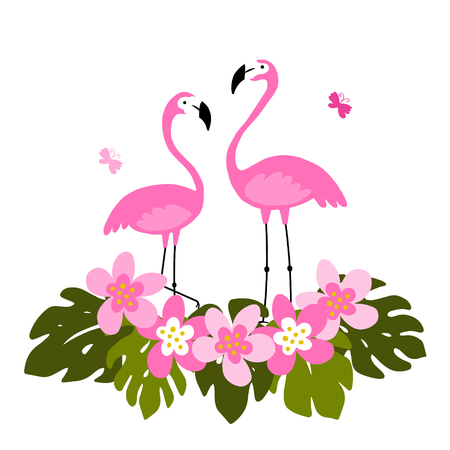 Tropical background with pink flamingos, palm leaves and flowers.  Exotic bird.のイラスト素材