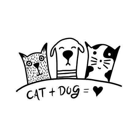 Funny dog and cute cat best friends. Black and white doodle animals.  Vector illustration.のイラスト素材