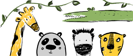 Hand drawn safari animals: panda, tiger,crocodile, zebra, giraffe. Can be used for child poster, book, card, t-shirt.のイラスト素材