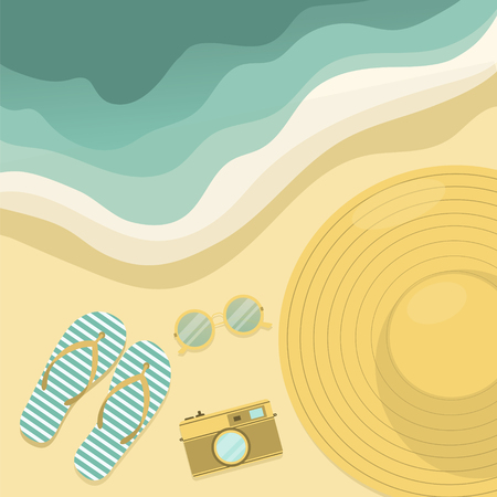 Hat, camera, sunglasses and flip flops on a tropical beach. Flat illustration.のイラスト素材
