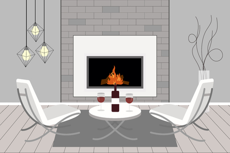Modern home interior with a fireplace. Romantic background. Flat style.のイラスト素材