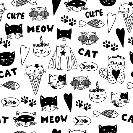 Seamless pattern with  doodle cats. Black and white hand drawn animals.  Can be used for child books, website background, wallpaper, packaging.のイラスト素材