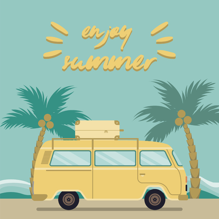 Summer illustration on Beach with yellow bus, palms, sea and lettering Enjoy summer! Colorful design for postcard, invitation.のイラスト素材