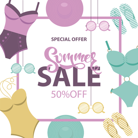 Summer Sale banner with swimsuits, sunglasses, hats, flip flops. Flat style.のイラスト素材