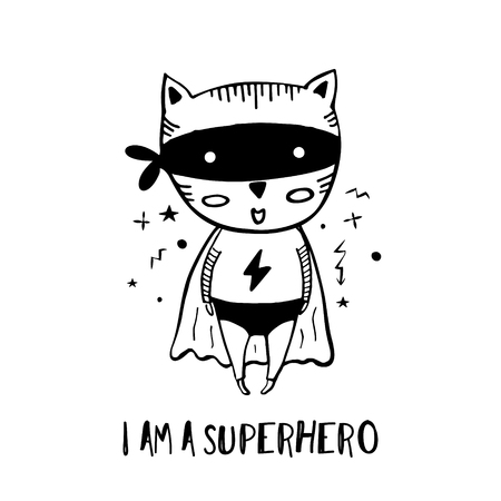 Cartoon superhero in black costume. Cute animal. Can be used for invitation cards and drawing poster, T-shirt Print and cartoon character.のイラスト素材