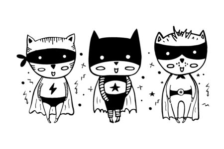 Cartoon superheroes in black costumes. Cute animals. Can be used for invitation cards and drawing poster, T-shirt Print and cartoon character.のイラスト素材