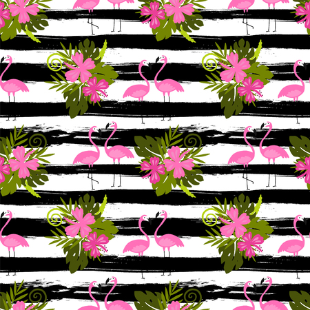 Tropical seamless pattern with pink flamingos, palm leaves and flowers. Perfect for wallpapers, pattern fills, web page backgrounds, surface textures, textile.のイラスト素材