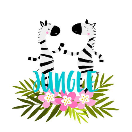 Cartoon zebras with tropical flowers, leaves and lettering Jungle! African hand drawn animals. Can be used for child book, t-shirt print, poster.のイラスト素材