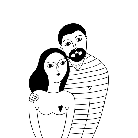 Portrait Of Happy Young Couple on white background. Hand drawn vector illustration.のイラスト素材