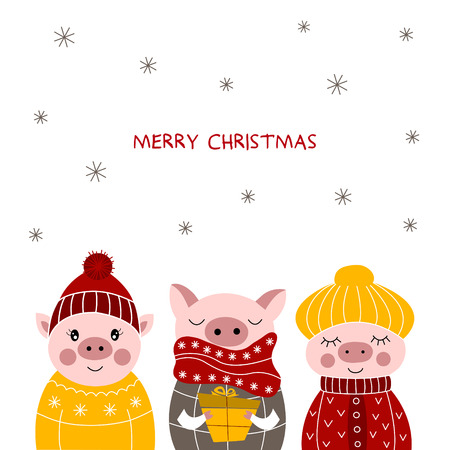 Chinese New Year.Three cute pigs. Cartoon animals. The year of the pig. Vector illustration.のイラスト素材