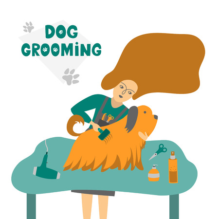 Cute dog at groomer salon.Vector illustration for pet hair salon, styling and grooming shop, pet store for dogs and cats.のイラスト素材