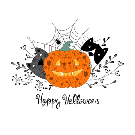 Happy Halloween card with pumpkin and cute cats. Vector illustration.のイラスト素材
