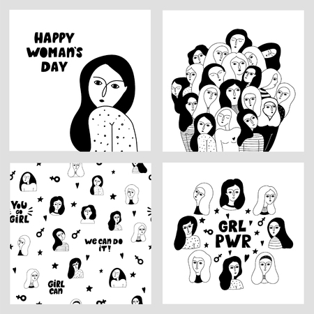 Big set with female faces and motivating lettering compositions - girl power and feminism concept. Happy international Women's Day.のイラスト素材