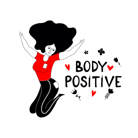 Happy plus size girl on a white background. Body positive concept.  Hand drawn vector illustration.のイラスト素材