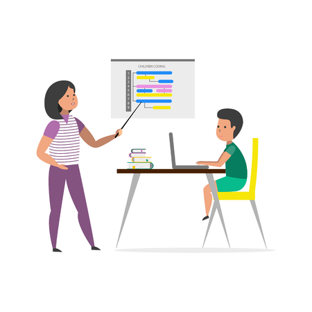 Small boy sitting in front of his laptop computer and listen teacher. Children coding. Vector illustration.のイラスト素材