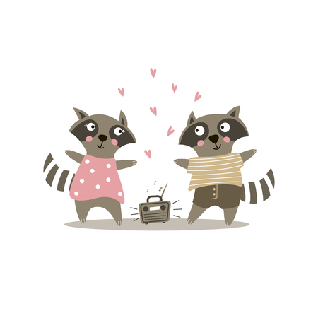 Cute raccoons dancing to the music.  Valentines card. Vector illustration.のイラスト素材