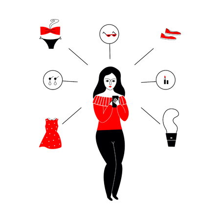 Young girl doing e-shopping. Shopping online on mobile.- Vector.のイラスト素材