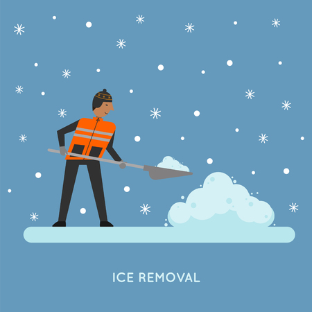Cartoon man removing snow with a shovel.  Winter routine concept. Vector Illustration.のイラスト素材