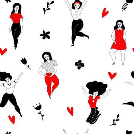 Seamless pattern with happy plus size girls on a white background. Friendship. Women's Day. Hand drawn vector illustration.のイラスト素材