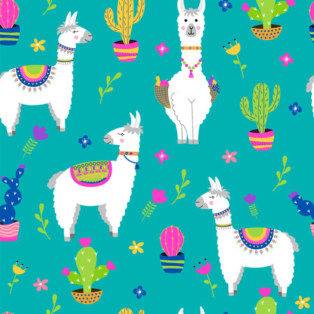 Seamless pattern with llama, cactus, flowers. Vector illustration.のイラスト素材