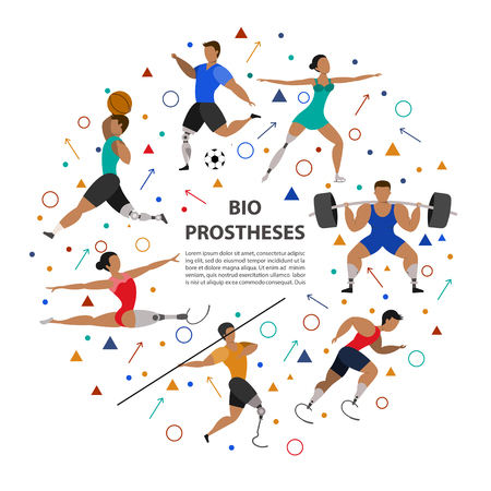 Athletes with prosthetic legs on a white background. Set of  athletic people doing various kinds of sports. Paralympic Sport Concept.のイラスト素材