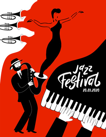Jazz music festival poster with musical instruments. International Jazz Day. Vector hand drawn illustration.のイラスト素材