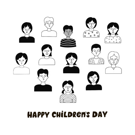 Happy Children day poster with boys and girls. Vector hand drawn illustration. Doodle style.のイラスト素材