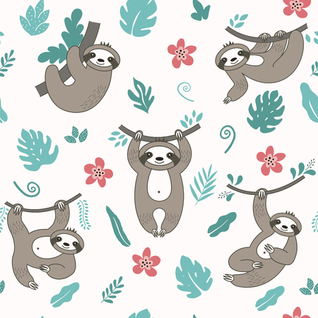 Vector seamless pattern with cute sloths in different positions. Cartoon funny kawaii characters. Can be used for cards, flyers, poster, t-shirt.のイラスト素材