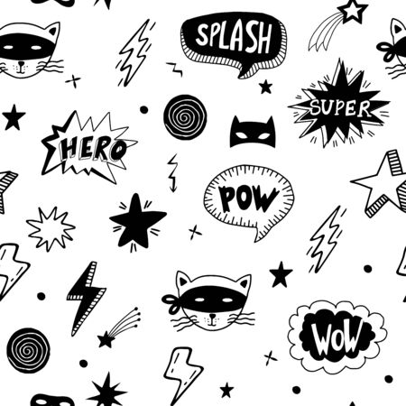 Seamless pattern with superhero masks, speech bubbles, stars  on white background. Vector doodle background.のイラスト素材