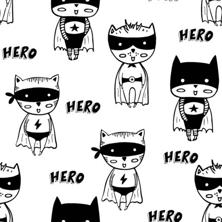 Seamless pattern with cartoon superheroes in black costumes. Cute animals. Can be used for invitation cards and drawing poster, T-shirt Print and cartoon character.のイラスト素材