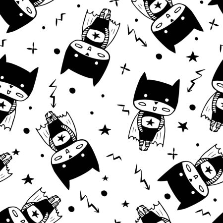 Seamless pattern with cartoon superheroes in black costumes. Cute animals. Can be used for invitation cards and drawing poster, T-shirt Print and cartoon character.のイラスト素材