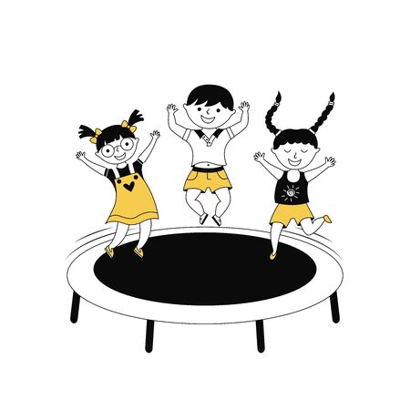 Children jumping on trampoline cartoon vector illustration. Happy kids having fun together. Little girl and boy, smiling friends joyful characters on white background. Child entertainment and leisureのイラスト素材